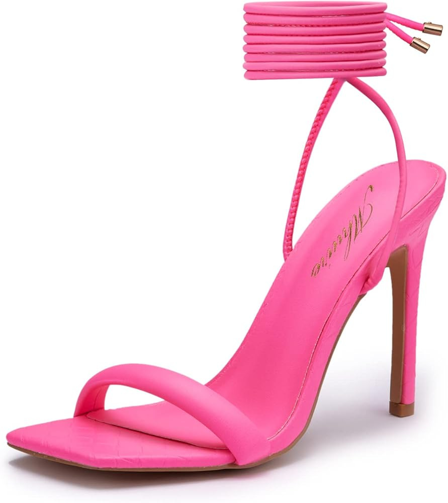 Mhuire Women's Stiletto Lace up Heels Square Toe Strappy Heels Sandals Open Toe Party Wedding Sho... | Amazon (US)