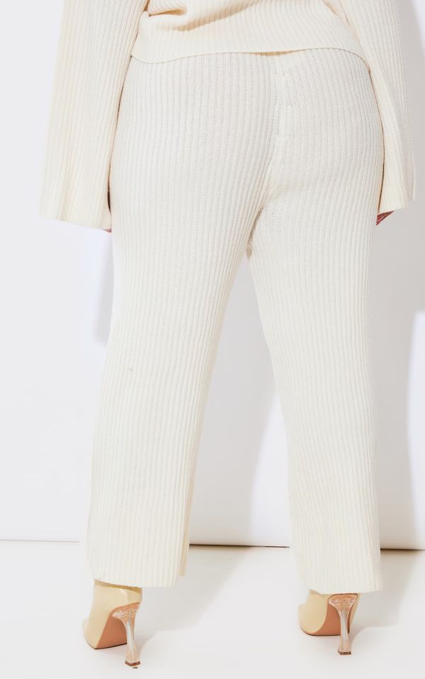 Plus Cream Knit Rib Wide Leg Pants | PrettyLittleThing US