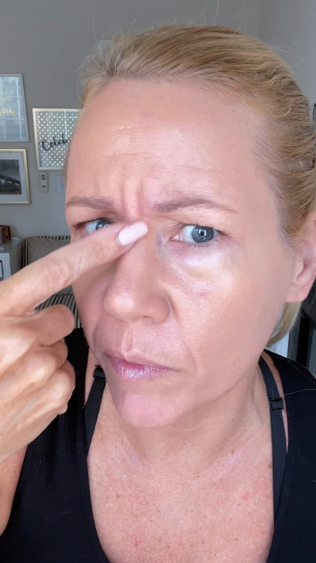 Here is what I do now for a couple of years to hide my frown line! This is NOT SPONSORED! I BUY THIS STUFF MYSELF!!!
1. Apply a wrinkle patch to smooth my frown line out while I do my makeup
2. Squeeze out the tiniest amount of Dermaflage. Really: the tiniest amount. 
3. Mix it together.
4. Apply a very thin layer right on your frown line.
5. Gently press the purple silicone pad on the skin for about 30 seconds. This will give the skin a skin like texture.
Not gonna lie: the application takes practice! I do this now for years, so I am a pro but even I mess it still sometimes up. Then I just take it off and start all over again. You will need a couple of tries to get it right. Unfortunately you can’t apply any makeup or powder on top of it as it will make it more visible. Sweatproof, waterproof and lasts all day (psst: sometimes I even let it on overnight AND the next day!!!). Cheaper than Botox and I don’t put any toxins in my body! Frugal tip: I buy Dermaflage on Amazon in a 4 pack for $81 (there is a 10% coupon)- so it is $20.25 per tube. One tube lasts me 2-3 months of daily application. Any other questions? 

#LTKBeauty #LTKOver40