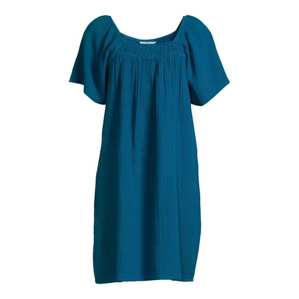 Time and True Short Sleeve Mini Double Cloth Dress - Walmart.com | Walmart (US)