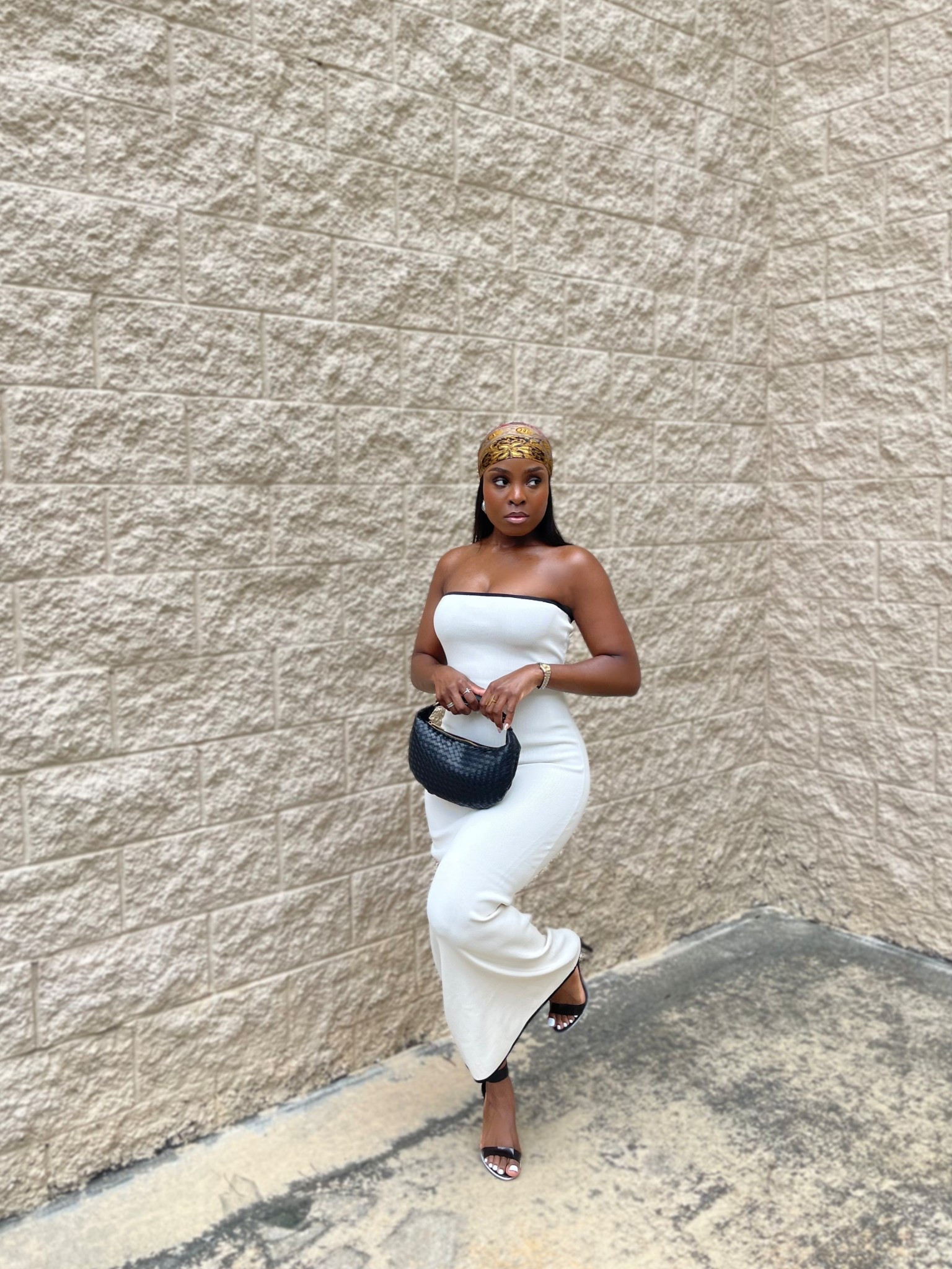 Fitted cream maxi dress, summer dress, strapless dress, silk head wrap, silk bohemian paisley print 