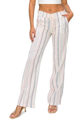 Cali1850 Women's Casual Linen Pants 32" Inseam Oceanside Drawstring Smocked Waist Lounge Beach Pants with Pockets Pink Blue Ivory Small | Amazon (US)