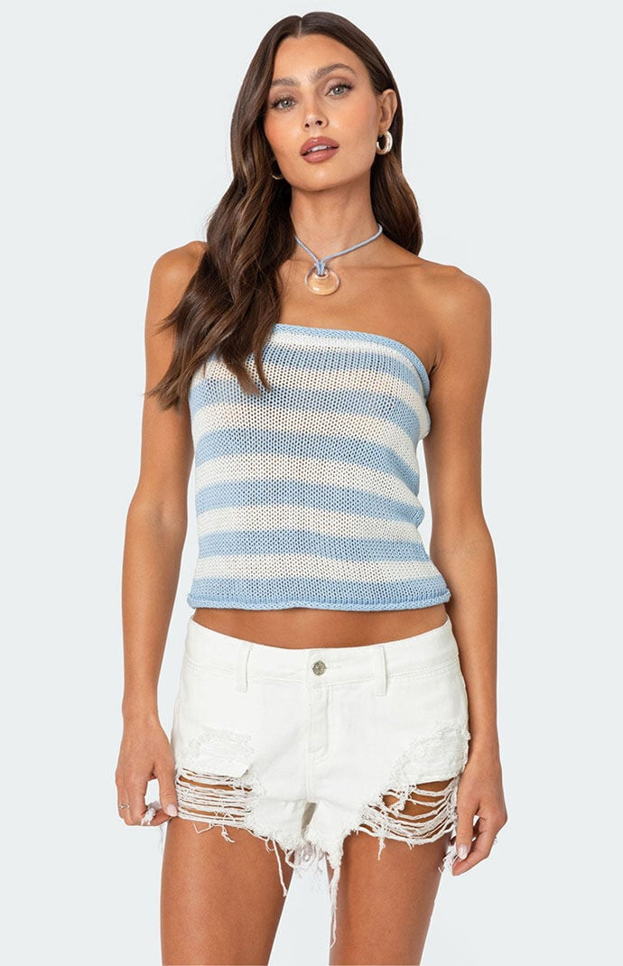 Edikted Women's Nox Striped Crochet Tube Top in Blue/White - Size Medium | PacSun
