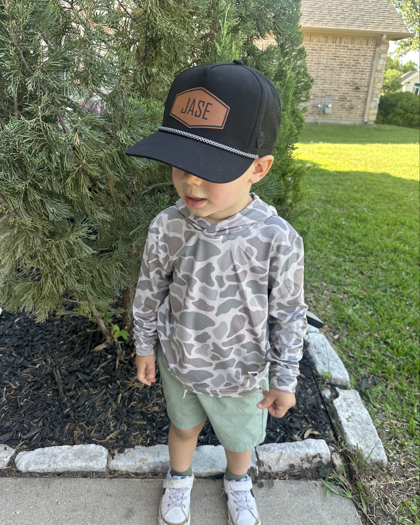 Toddler Boy Style>>> Burlebo camo spf lightweight shirt & OshKosh B’gosh quick dry everyday  shorts paired with Goko Made Venture hat (code for GokoMade: LOVEGOKO10) #camo #toddlerboy #ltk #boystyle #burlebo #quickdryshorts #nike #toddlernike
