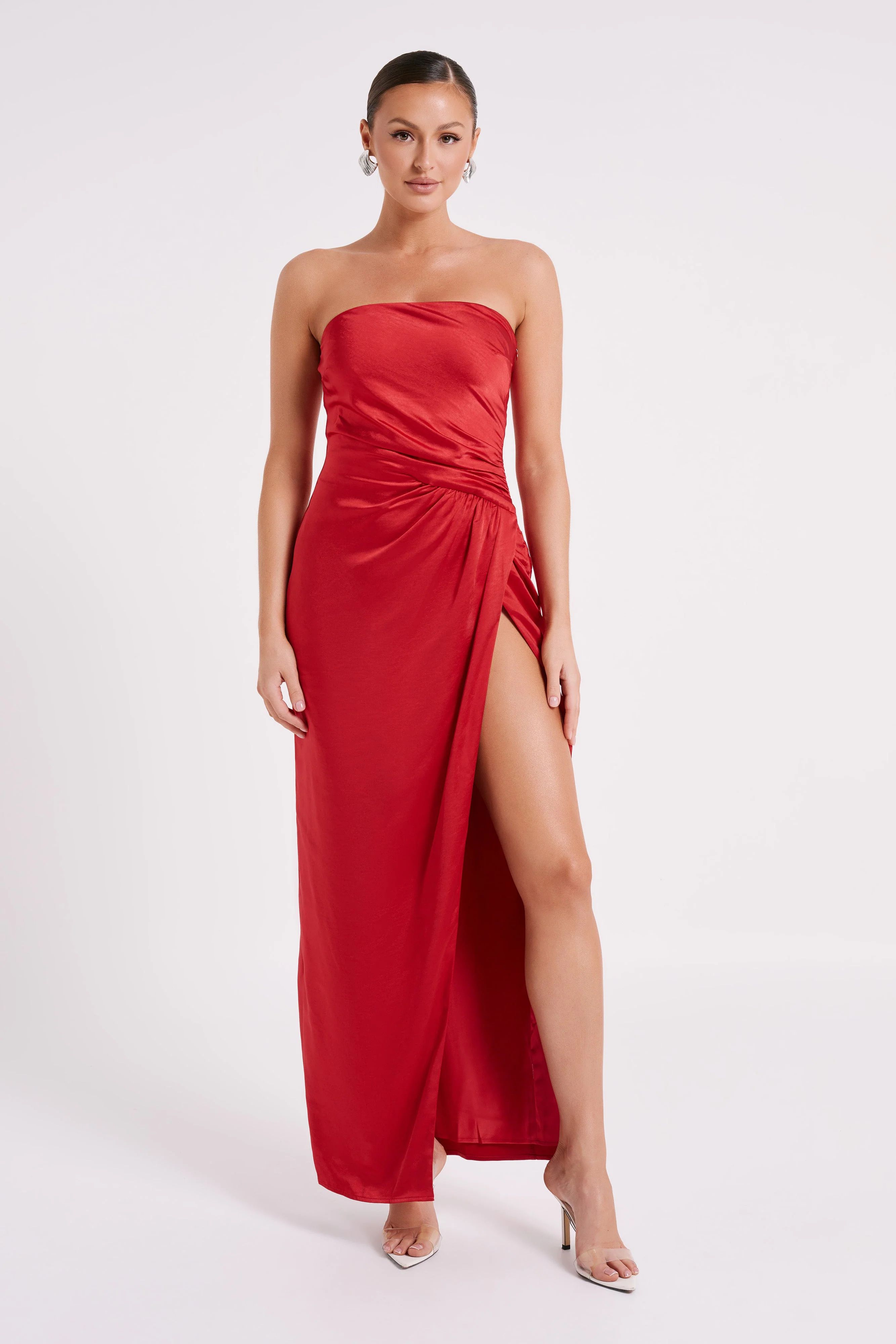 Aminah Draped Strapless Maxi Dress - Red | MESHKI US