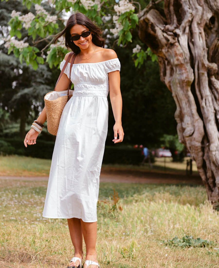 White Cotton Shirred Bardot Midi Dress | Needs No Label