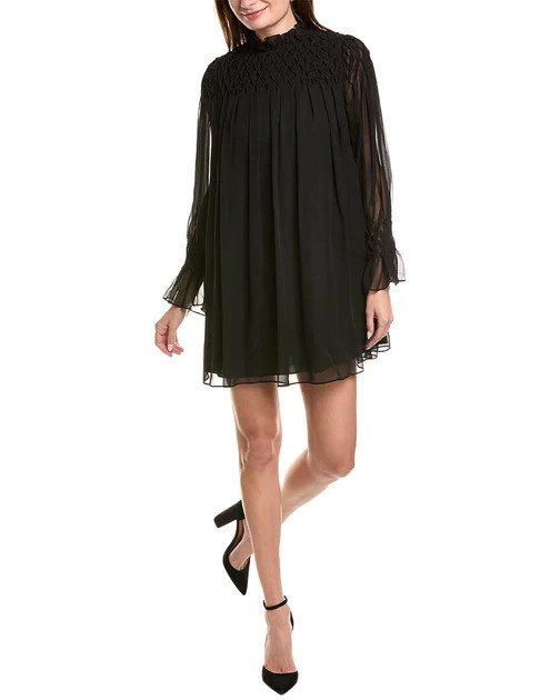 Rebecca Taylor Diamond Smocked Mock Neck Silk Dress | Shop Simon