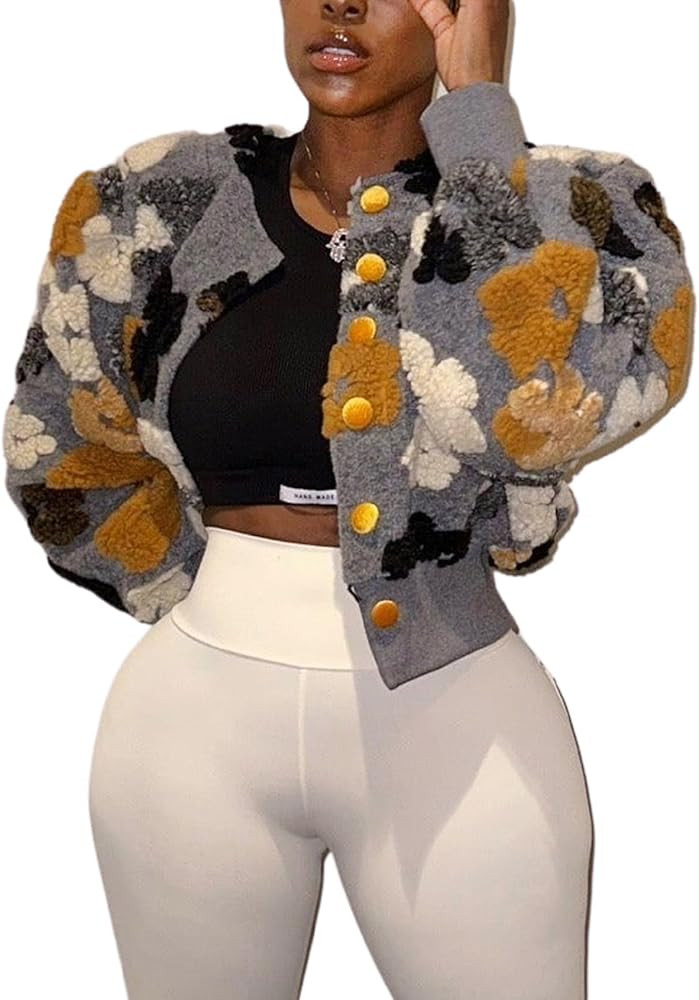 Womens Cropped Floral Print Jacket Warm Fleece Bomber Jacket Casual Button Down Coats Fall Puff O... | Amazon (US)