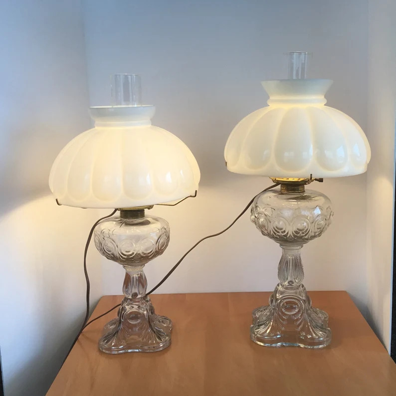 Antique Clear Pressed Glass Electric Hurricane Table Lamp Boudoir Vanity Light With White Cream-p... | Etsy (US)