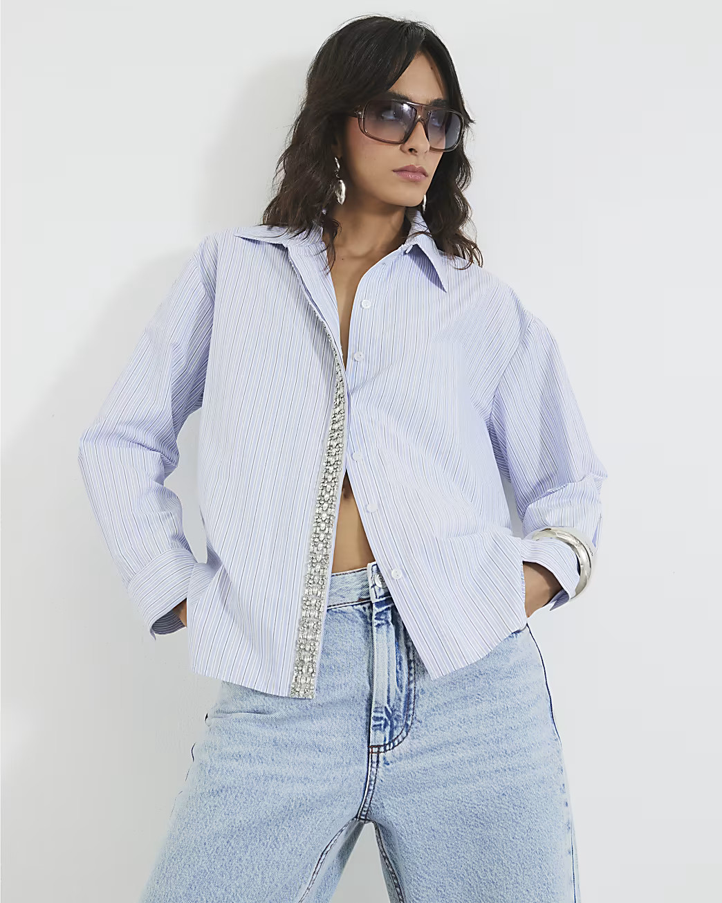 Blue Diamante Trim Stripe Shirt | River Island UK & IE