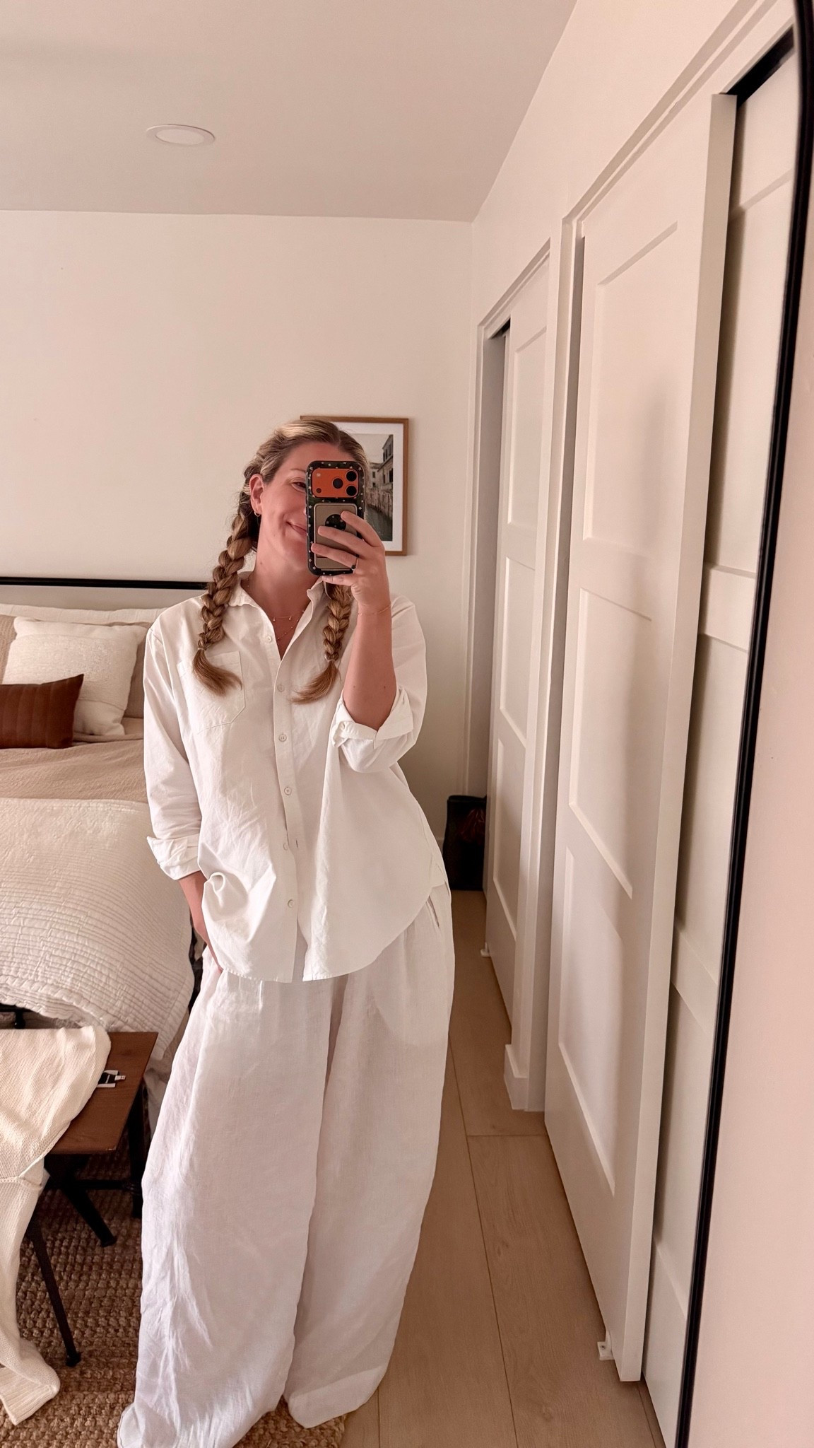 the easiest friday outfit uniform- white button up oxford paired with my white linen wide leg pants ✨💫 

comfortable, chic and elevated enough for zoom 

everything linked below