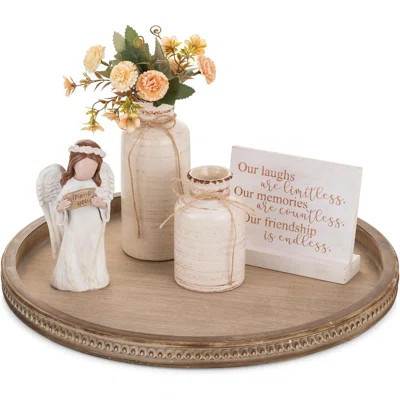Large Round Wood Beaded Decorative Tray, Farmhouse Vintage for Coffee Table Ottoman Living Room | Wayfair North America