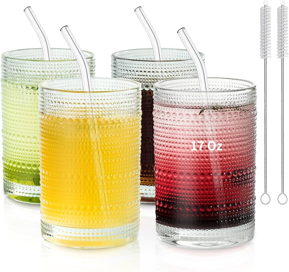 KEMORELA Vintage Hobnail Glassware Set of 4-17 Oz Old Fashioned Ribbed Drinking Glasses with Stra... | Amazon (US)