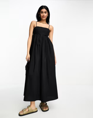 ASOS DESIGN cotton pleat bust midi babydoll sundress in black | ASOS (Global)
