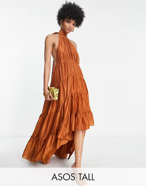 ASOS DESIGN Tall halter tiered voile maxi dress with tie back | ASOS (Global)