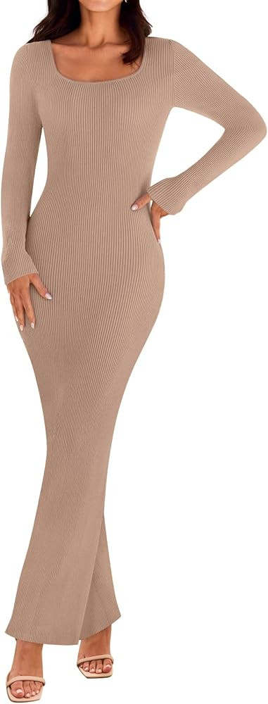 MEROKEETY Women's 2024 Fall Long Sleeve Sweater Dress Square Neck Ribbed Knit Bodycon Long Maxi D... | Amazon (US)
