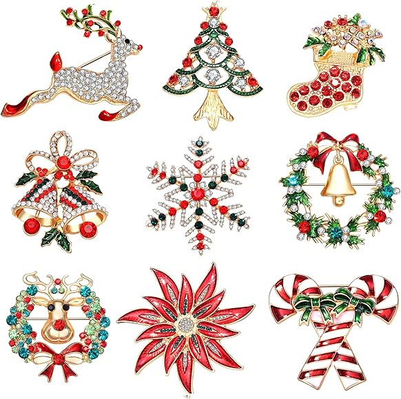 9 Pieces Christmas Brooch Pins for women Rhinestone Enamel Christmas Tree Wreath Snowflake Reinde... | Amazon (US)