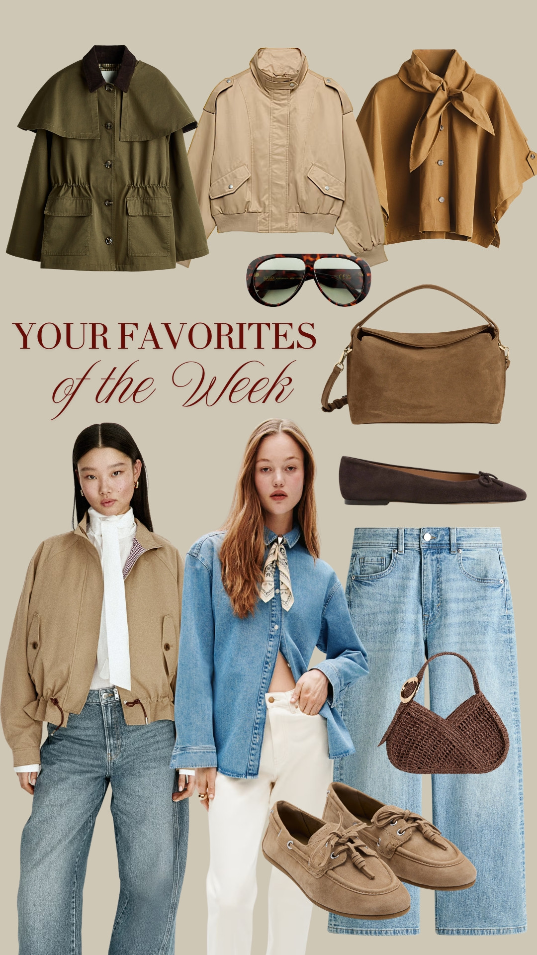 BESTSELLERS OF THE WEEK ✨ Your most loved pieces of the week ✨ TAGS: camel scarf cape, khaki jacket, khaki cape jacket, beige funnel neck jacket, denim shirt, blue wide leg jeans, brown leather ballet flats, suede leather beige loafers, brown sunglasses, brown raffia bag, brown suede leather bag 

 #LTKspring #LTKstyletip #LTKshoes
