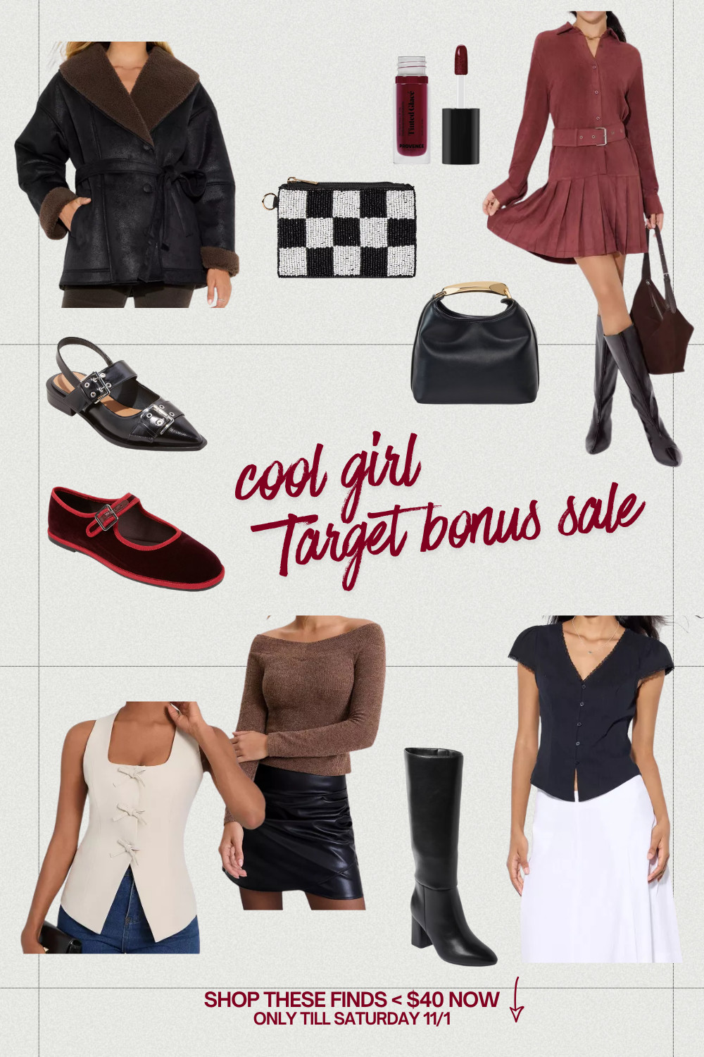 🖤 My Cool Girl Target Bonus Sale Finds 🖤 (in case you missed this sale like I almost did!) 
Run, don’t walk, these under $40 Target finds are giving major luxury brand energy: quiet luxury meets city cool. I’m obsessed with the shearling jacket, velvet ballet flats, beaded bag, and chic tops. 

Shop these picks and more below, the sale is only till Saturday!  

 #LTKSeasonal #LTKSaleAlert #LTKFindsUnder50
