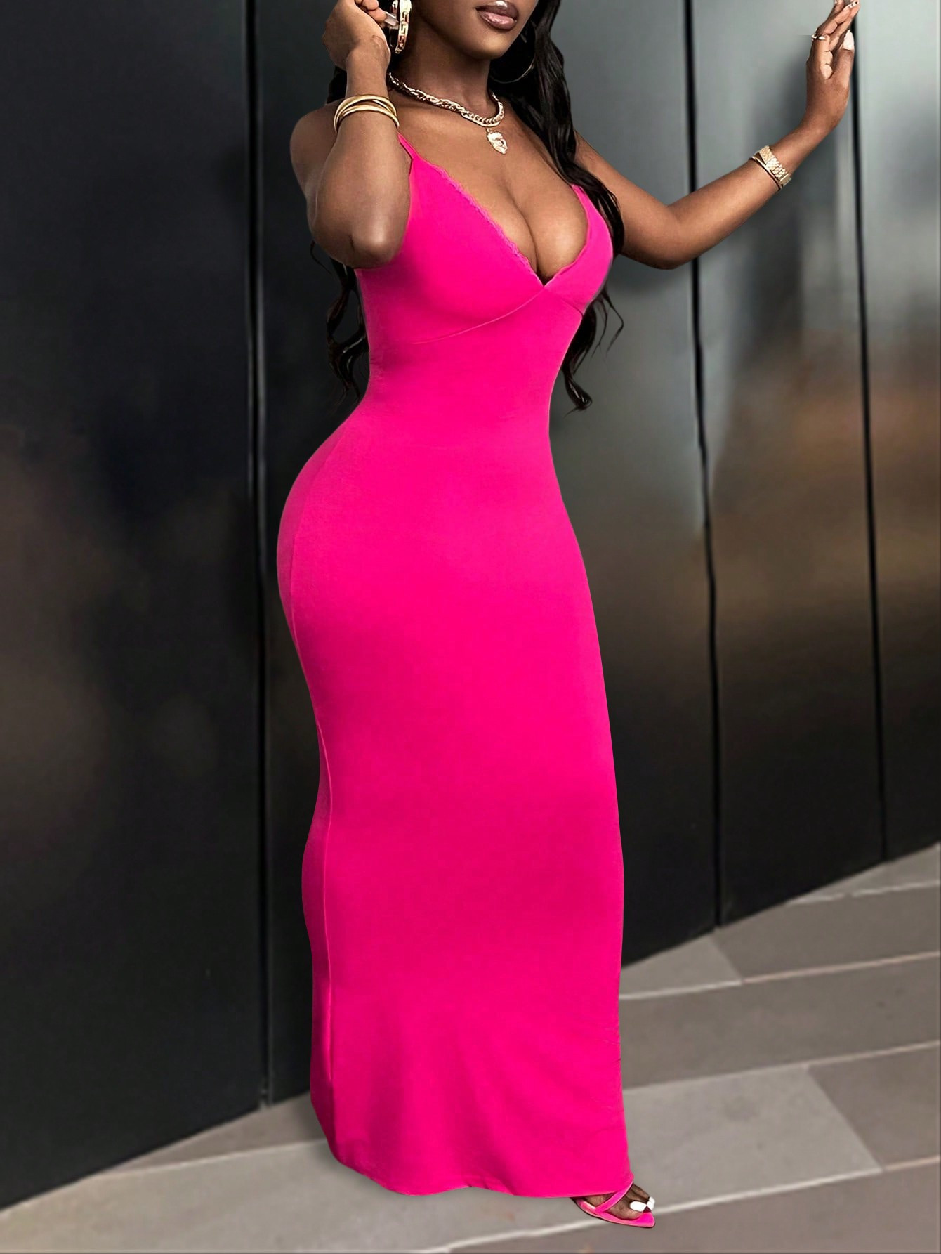 SHEIN Slayr Sexy Elegant Spaghetti Strap Slim Fit Pink Lace Maxi Dress V-Neck For Women -H | SHEI... | SHEIN