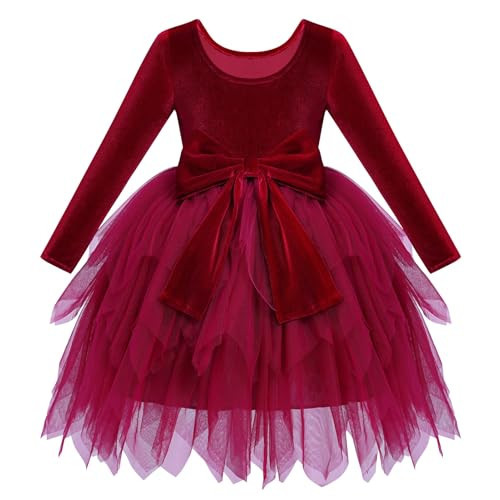 IDOPIP Toddler Baby Girls Velvet Tutu Dress Bowknot Tulle Ruffle Long Sleeve Princess Christmas Birthday Party Dresses Fall Winter Clothes Kids Vintage Holiday Pageant Dress Outfit Red 5-6 Years | Amazon (US)