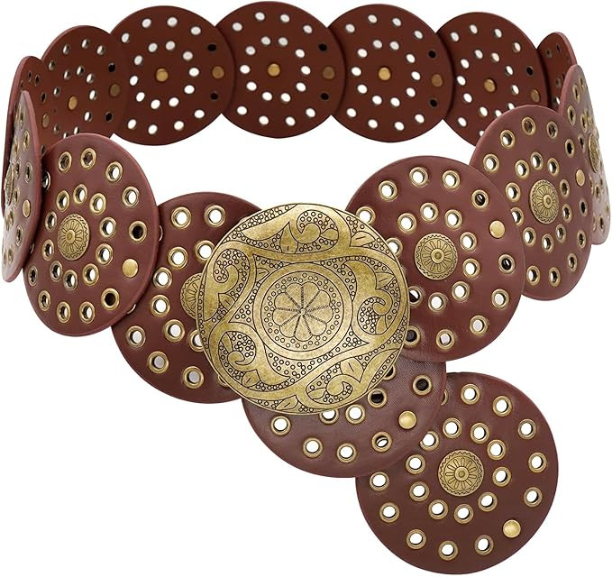 Wide Disc Belt for Women Boho Concho Leather Belts Vintage Western Waist Belt | Amazon (US)