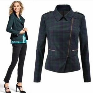 CAbi Jacket Tartan Plaid Moto Asymmetrical Spring Fall Chic Green Blue Size 8 | Poshmark