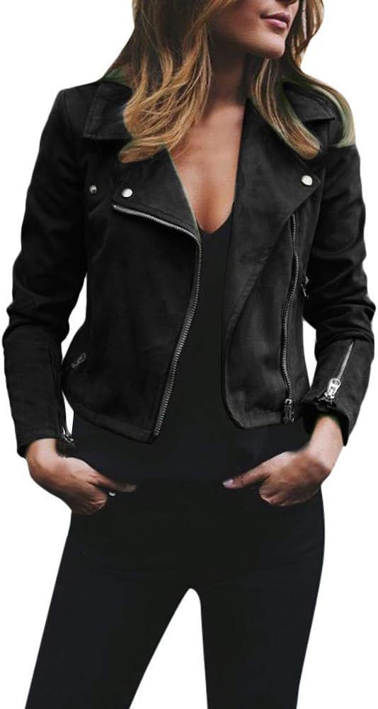Faux Leather Jacket Moto Biker Jacket Short Coat Notched Lapel Jacket Crop Tops | Amazon (US)