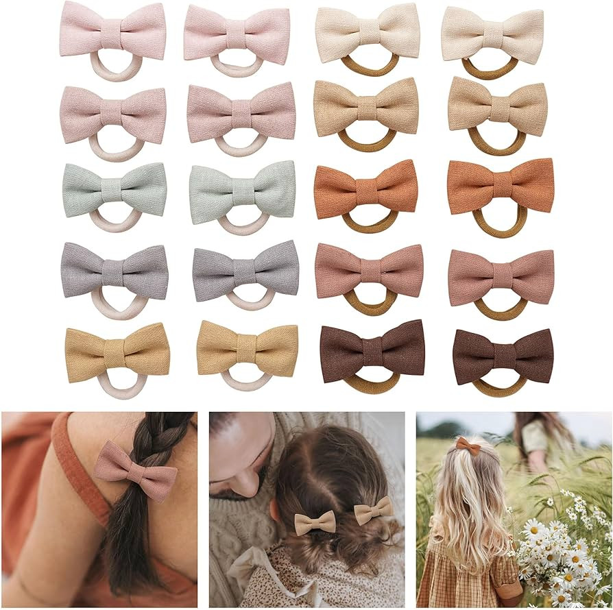 Baby Toddler Girls Hair Ties with Linen Bows, 20 pcs No Damage Elastic Nylon Ponytail Holders, Sm... | Amazon (US)