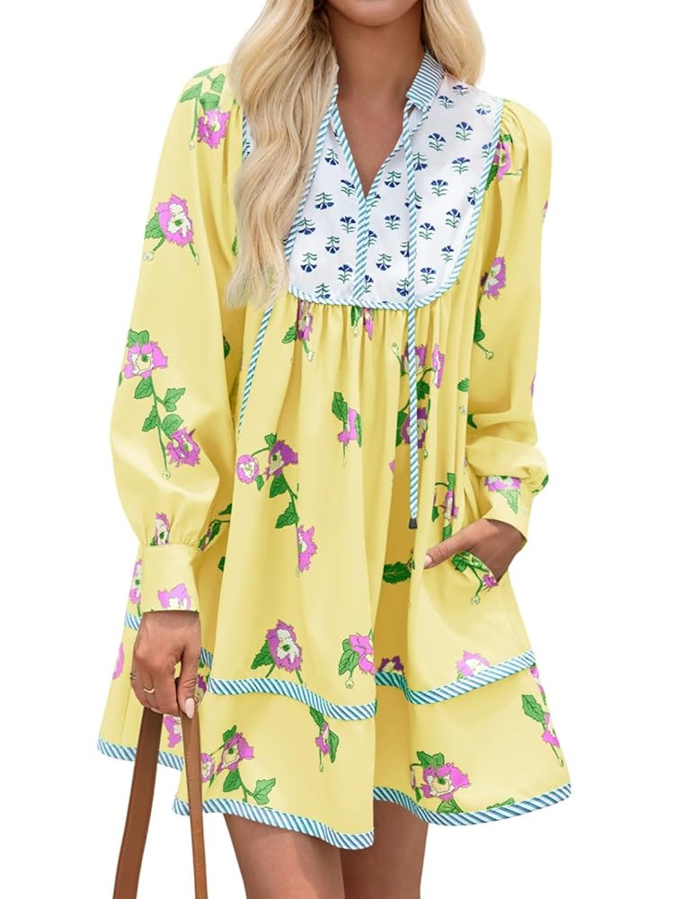 Wenrine Womens Casual Floral Mini Dress 2025 Fall Long Sleeve V Neck Patchwork Loose Boho Shirt D... | Amazon (US)