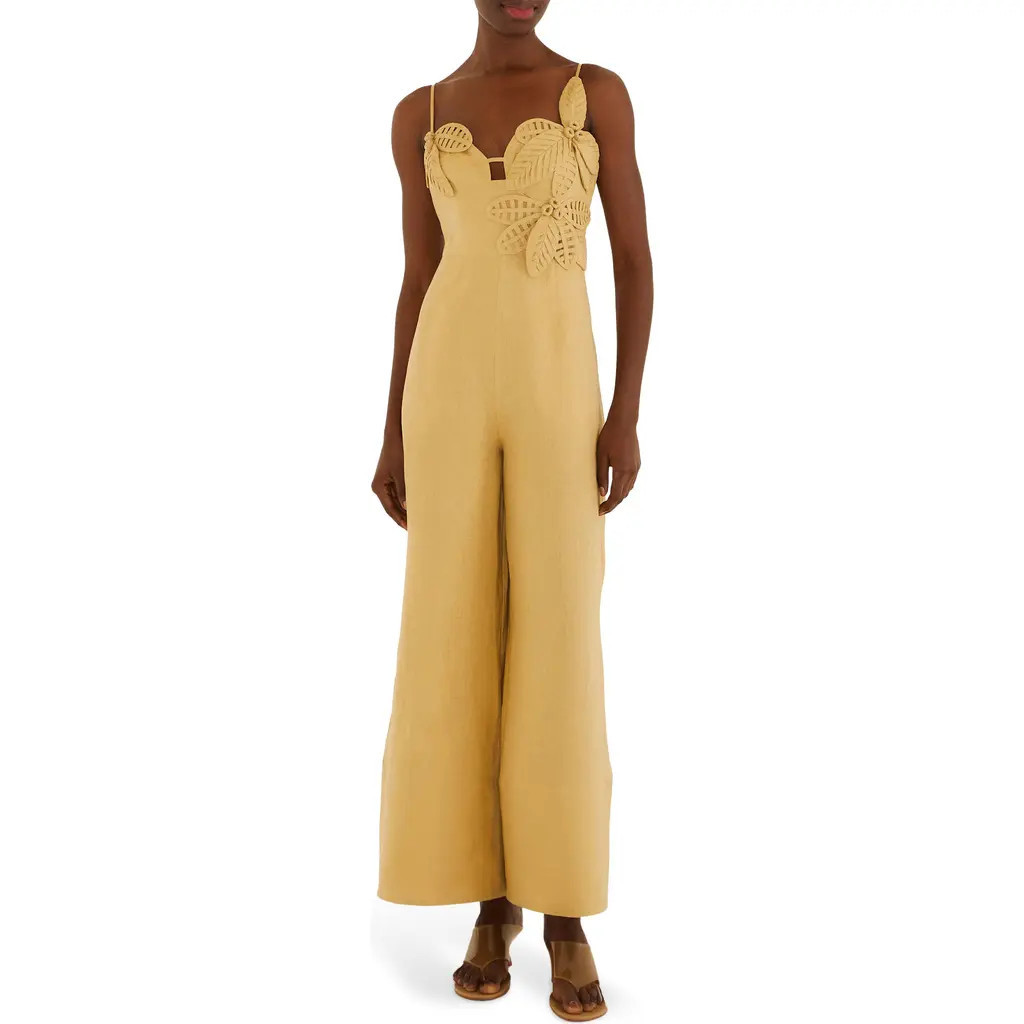 FARM Rio Sand Flowered Wide Leg Jumpsuit at Nordstrom, Size X-Large | Nordstrom