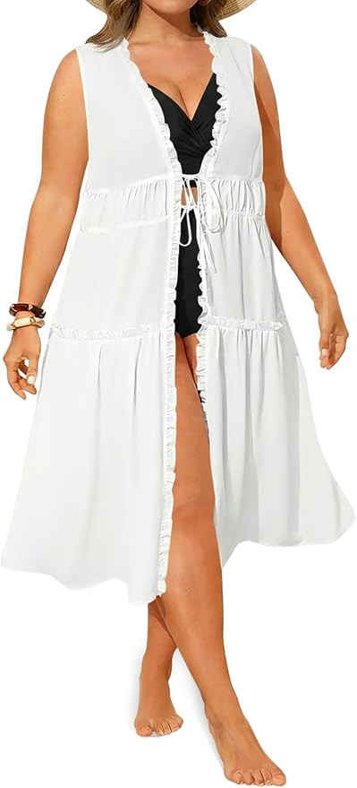 Yousify Womens Plus Size Swimsuit Long Cover Up Chiffon Bikini Coverups Kimono Tie Front Bathing ... | Amazon (US)