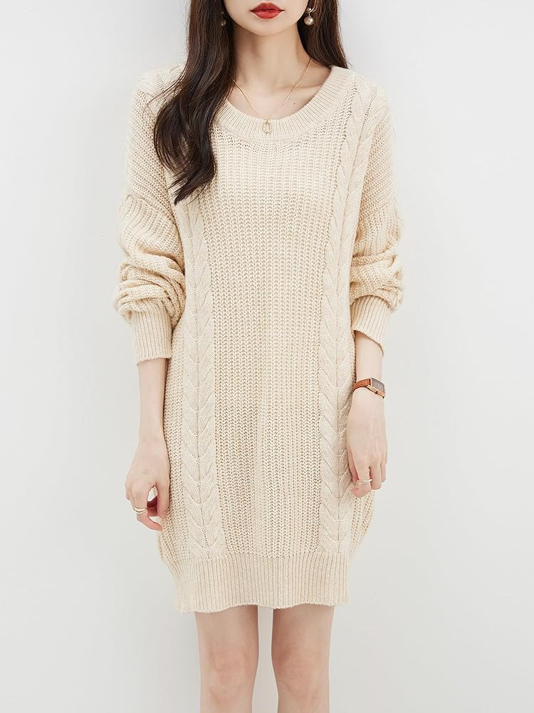 LINY XIN Women's 2023 Oversized Fall Winter Warm Crewneck Long Sleeve Knit Cable Long Pullover Me... | Amazon (US)