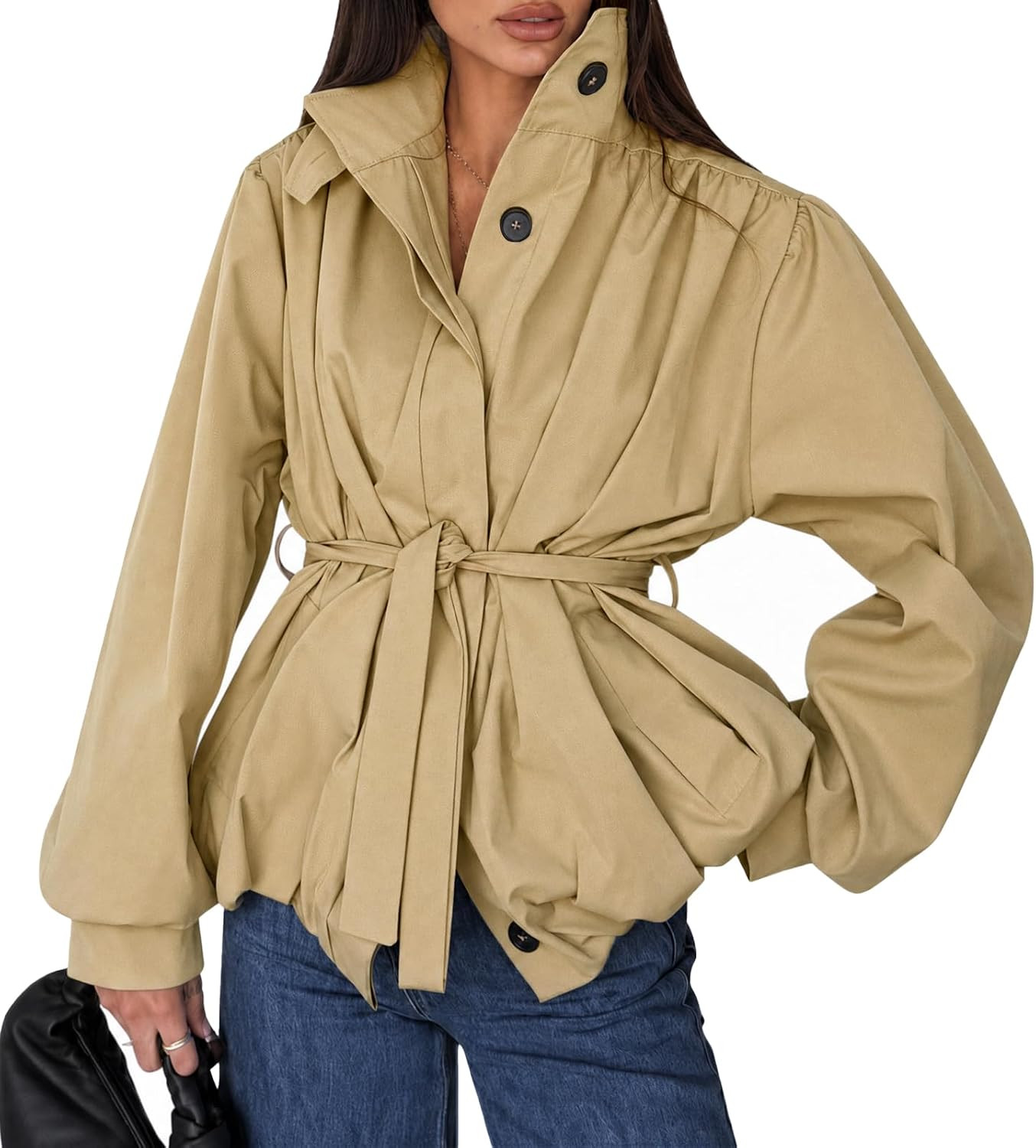 Cicy Bell Womens Puff Sleeve Fall Jackets Belted Pleated Stand Collar Coats | Amazon (US)
