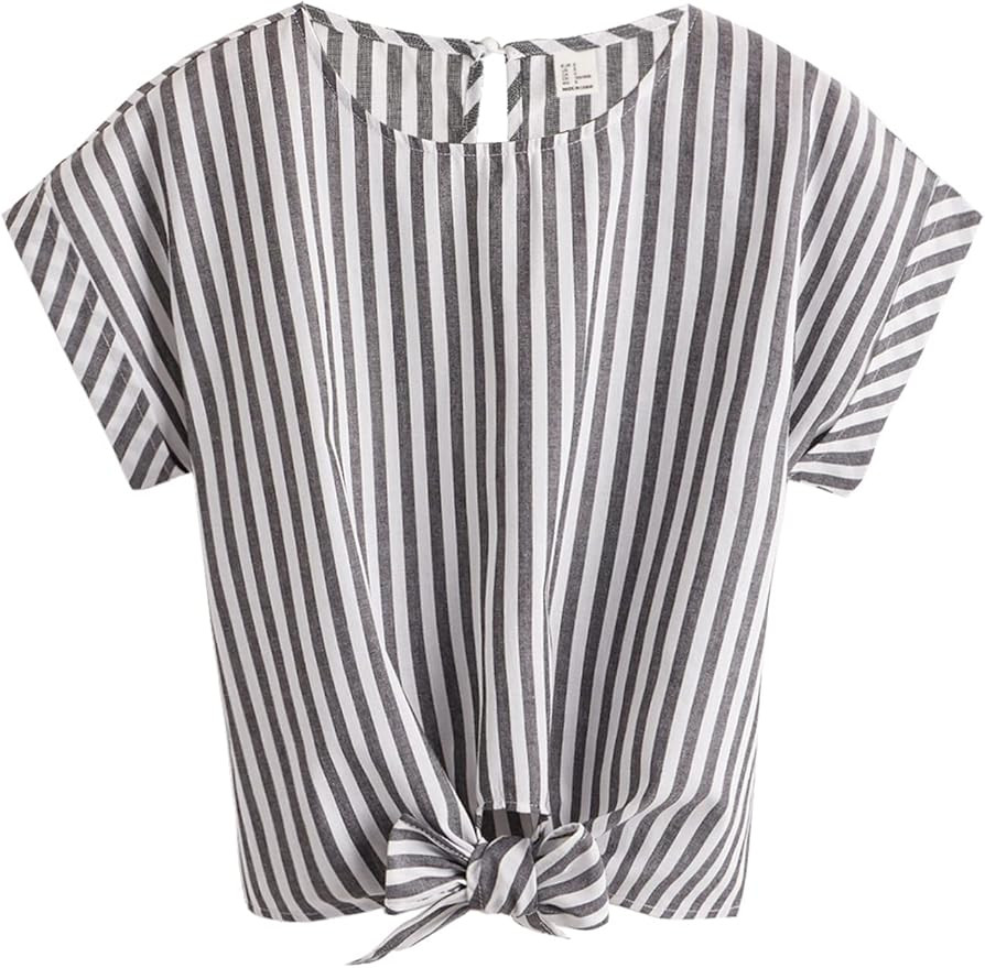 Romwe Women's Casual Plaid Batwing Short Sleeve Knot Front Loose Blouse Tops Shirts | Amazon (US)