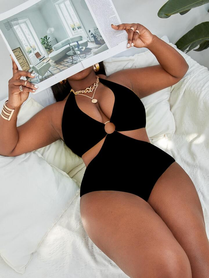 SHEIN Swim Curve Plus Ring Linked Halter One Piece Swimsuit,Summer Beach | SHEIN