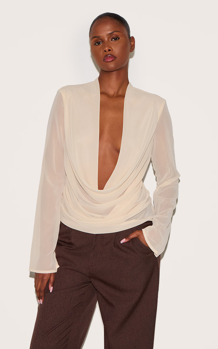 Almond Chiffon Long Sleeve Sheer Cowl Blouse | PrettyLittleThing US