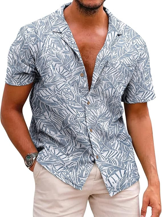 COOFANDY Men's Hawaiian Floral Cotton Linen Button Down Tropical Holiday Beach Shirts       Send ... | Amazon (US)