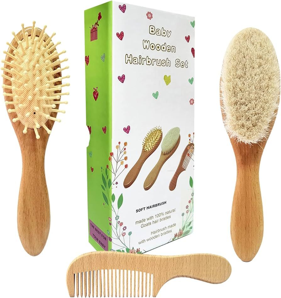 Molylove 3 Piece Baby Hair Brush and Comb Set for Newborn & Toddlers- Natural Wooden Hairbrush wi... | Amazon (US)