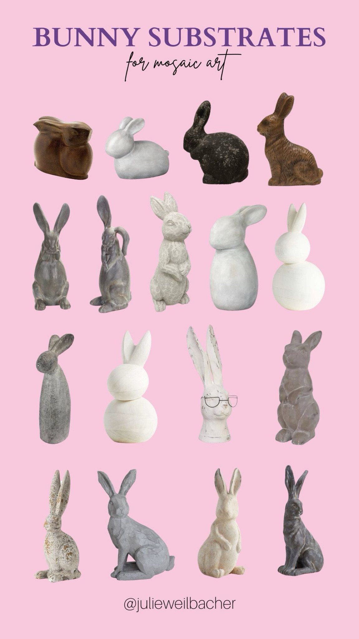 A mosaic bunny would be the perfect compliment to an Easter tablescape or spring coffee table grouping. 🐰 Picking out a bunny is very personal. Laying down, sitting, or standing. 🐰 There are so many options regarding shape and personality, although you can add more to it with your mosaic art. 🐰 Here are some fun bunny substrates which cover all the moods! 🐰 For mosaic tips, tutorials, inspiration, and so much more please visit my YouTube channel: YouTube.com/julieweilbacher. 🐰 Follow @julieweilbacher on Instagram for all things mosaic art. bunny - Easter table - mosaic art - wood bunny - spring decor - cement bunny - mosaics - bunny decor - hostess gift - Easter decor

#LTKhome #LTKfindsunder50 #LTKSeasonal