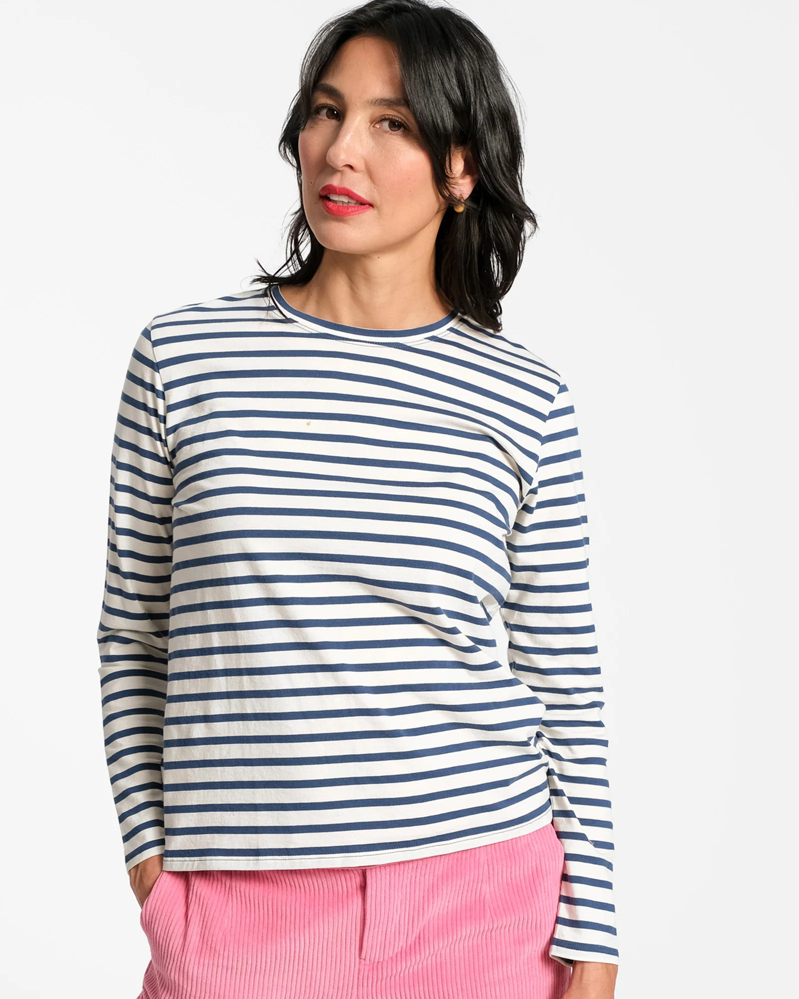 Long Sleeve Striped Shirt Oyster Navy (2X) | Frances Valentine
