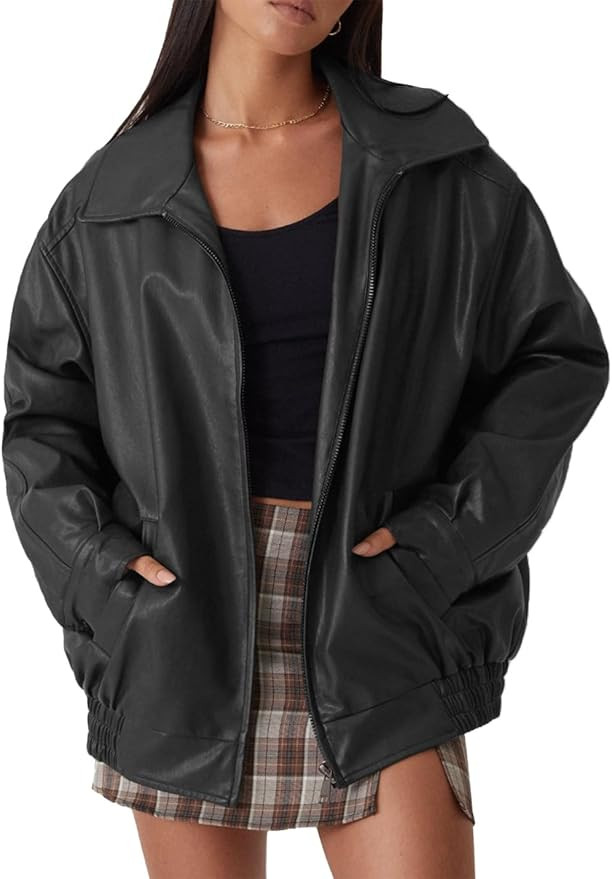Womens Oversized Faux Leather Motocycle Jacket Zip Up Outwear Coat with Pockets | Amazon (US)