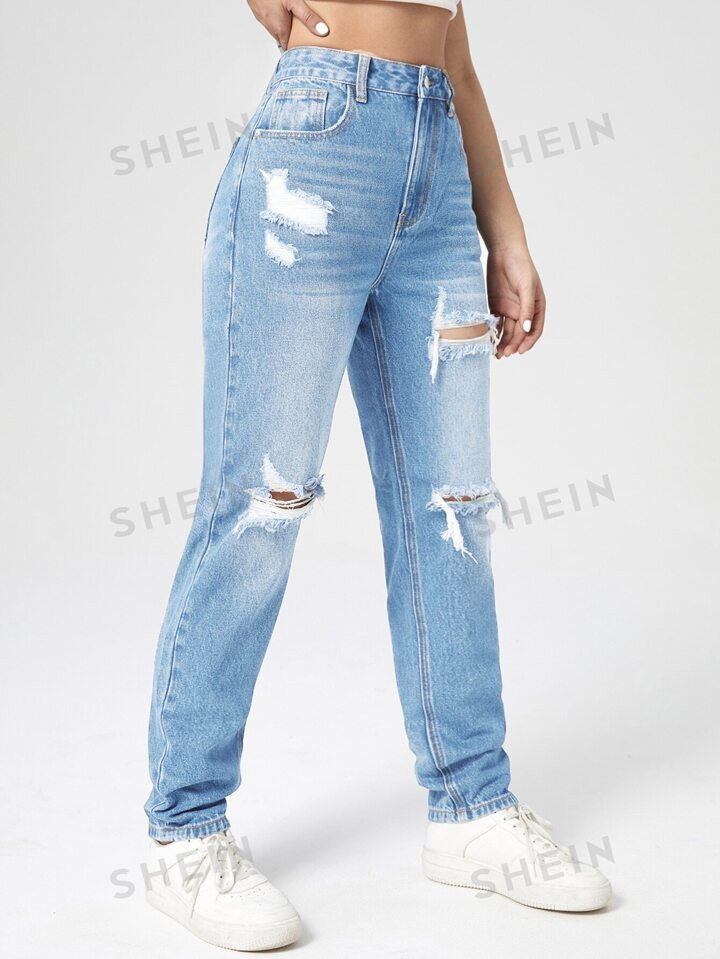SHEIN EZwear Washed Ripped Mom Jeans | SHEIN