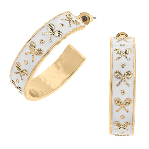 Briar Tennis Racquet Enamel Hoop Earrings in White | CANVAS