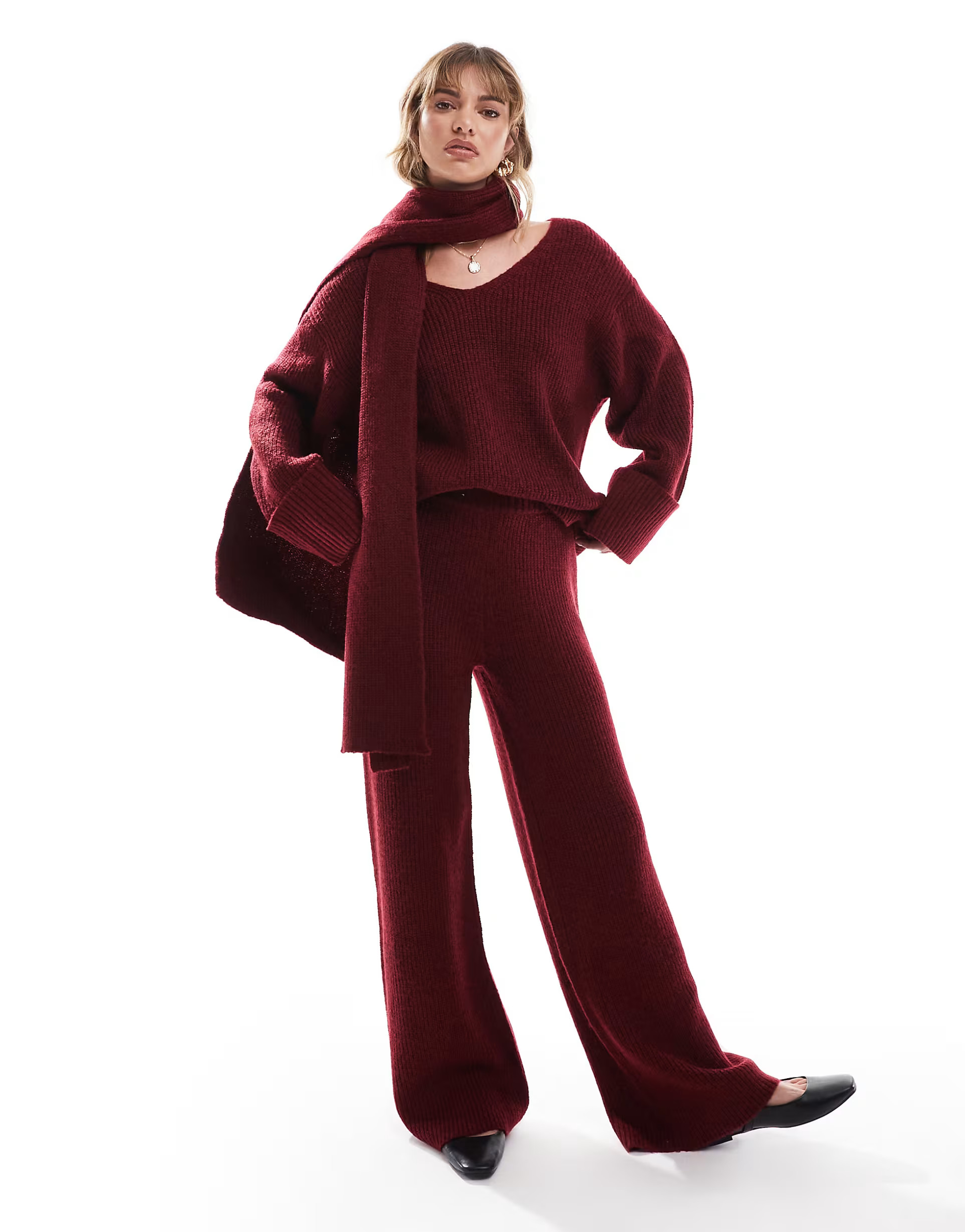 4th & Reckless knitted wide leg trousers co-ord in burgundy | ASOS (Global)