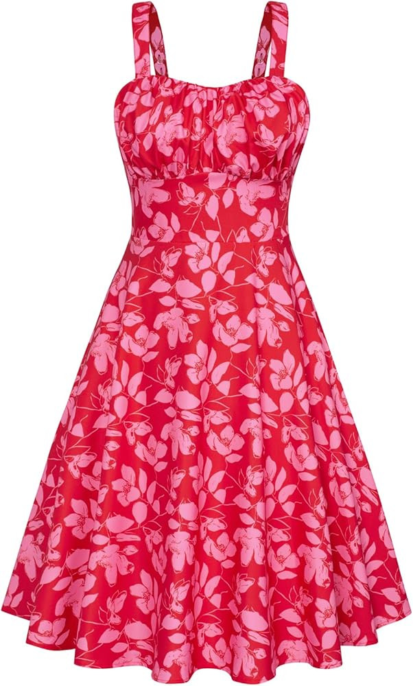 Belle Poque Women's Vintage Sleeveless Solid Floral Ruched Summer Cute A-Line Flowy Swing Midi Dr... | Amazon (US)