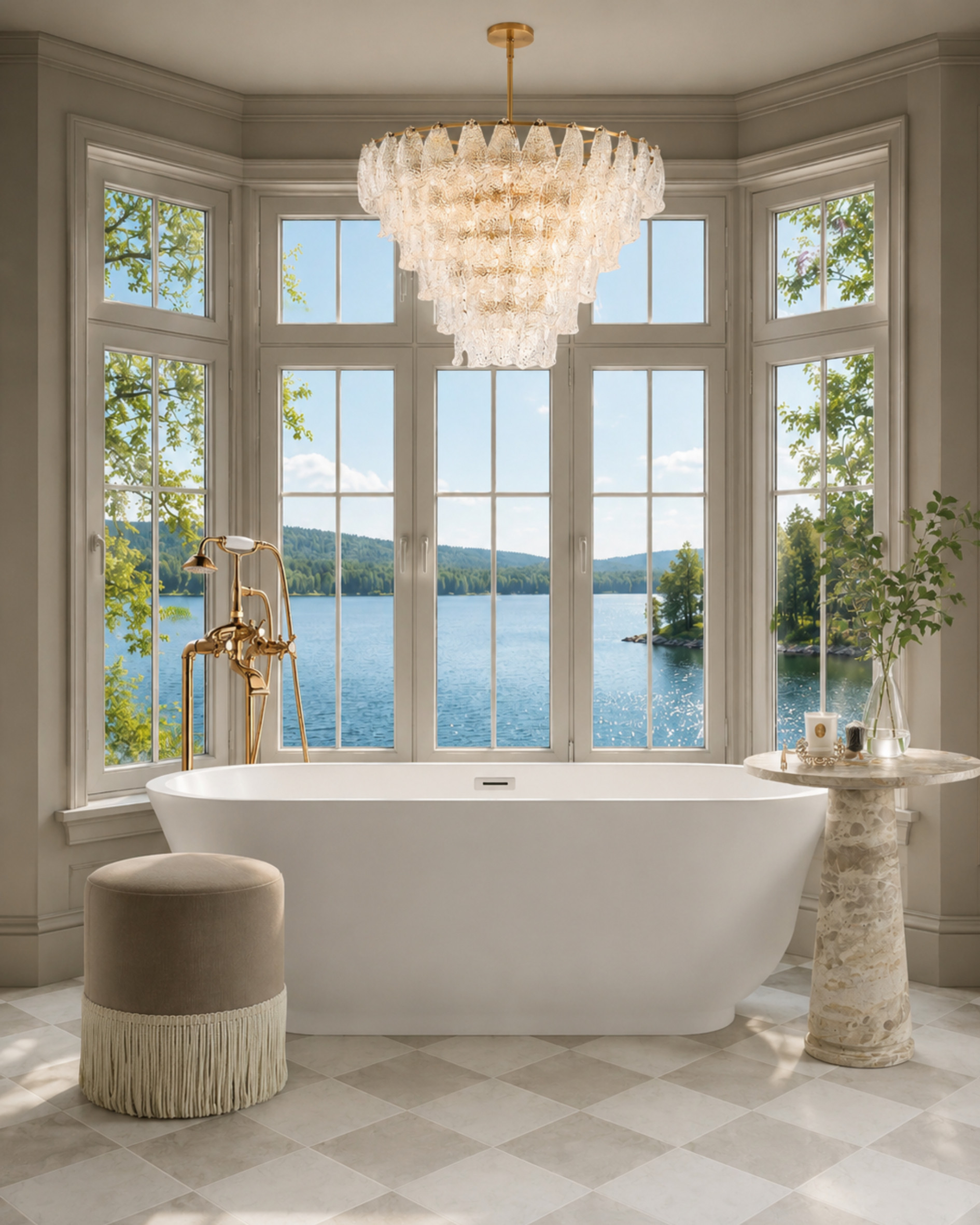A timeless primary bath moment with all the details that make a space feel elevated: a freestanding tub, brass floor-mount tub filler, crystal chandelier, marble side table, soft neutral trim, and that dreamy window view. This is the kind of bathroom style that feels calm, classic, and luxurious without feeling trendy.

I may receive a commission from purchases made through my links. 

 #LTKHome