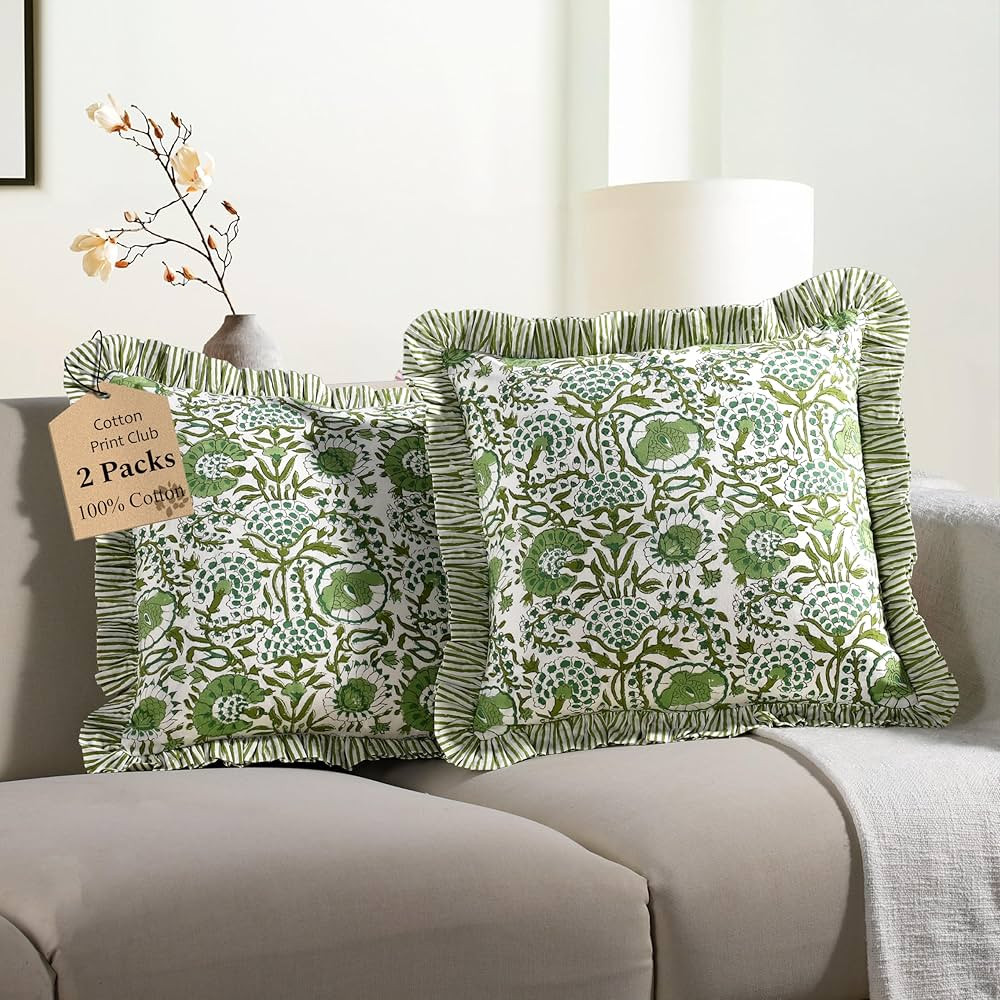 CPC Agate Green Ruffle Throw Pillow Covers for Couch, 20x20 Inch Cotton Stripe Ruffle Couch Pillo... | Amazon (US)
