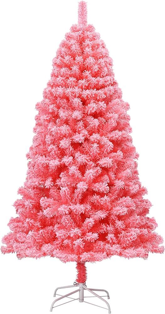 Goplus 6.5ft Pink Artificial Christmas Tree, Unlit Hinged Snow Flocked Xmas Tree w/ 884 PVC Branc... | Amazon (US)