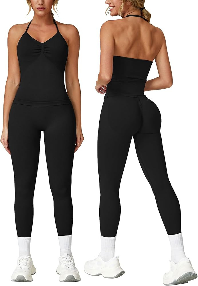 ABOCIW Workout Sets for Women Seamless Scunch Butt Lifting Impact Leggings Longline Strappy Top 2... | Amazon (US)